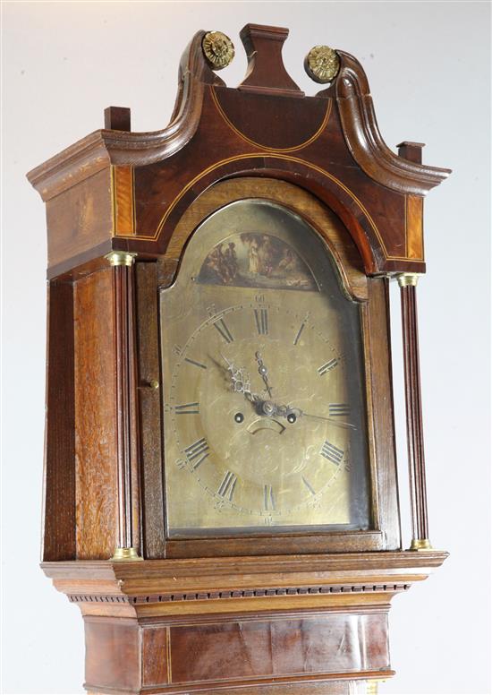 An early 19th century mahogany banded oak eight day longcase clock, 7ft